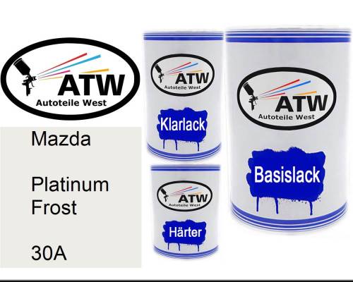 Mazda, Platinum Frost, 30A: 500ml Lackdose + 500ml Klarlack + 250ml Härter - Set, von ATW Autoteile West.